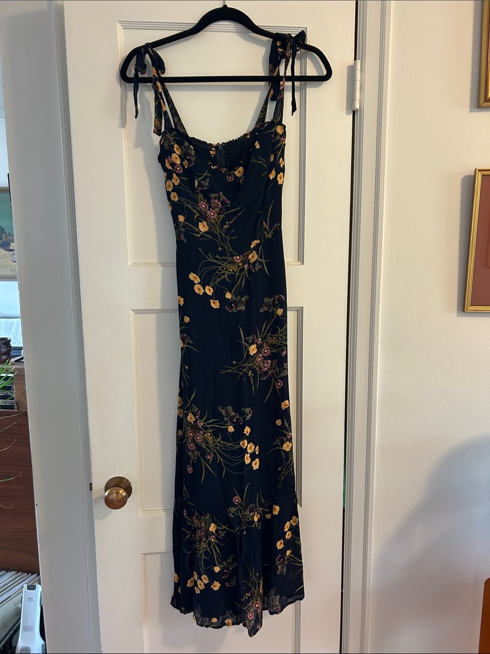 Reformation Dark Navy Floral Tie-Shoulder Maxi Dress